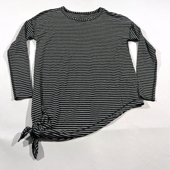 LULULEMON To The Point Long Sleeve Black Asymmetrical Tie Striped T-Shirt Sz 6 - Picture 1 of 7